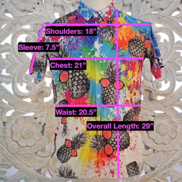Men's Pineapple Print Short Sleeve Button-Up Shirt, Vibrant, Size M Psychedelic - Picture 6 of 6